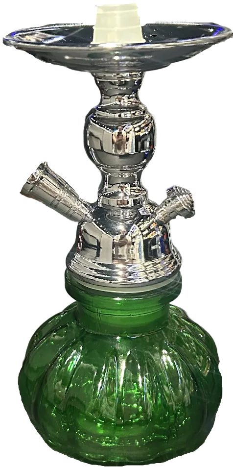 A green glass hookah with a shiny silver metal stem and bowl, isolated on a white background.