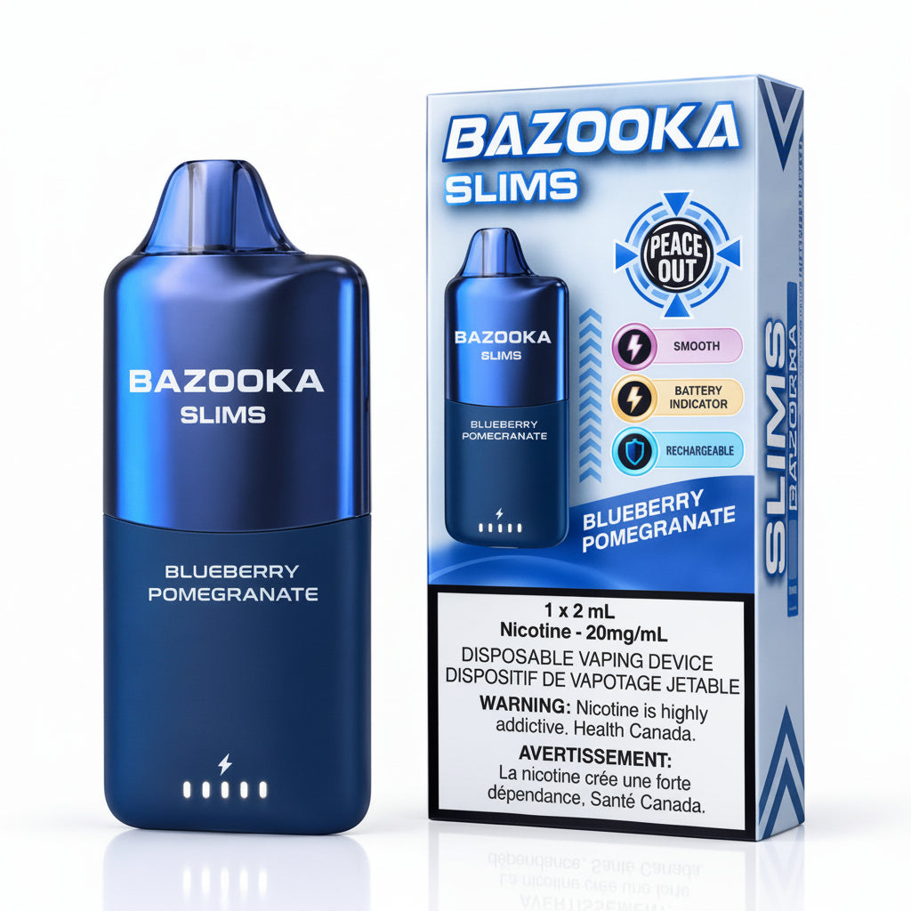 A blue Bazooka Slims disposable vaping device stands next to its retail box on a clean white background. The packaging is blue and white with 'BAZOOKA SLIMS' and 'BLUEBERRY POMEGRANATE' printed on it, plus a Peace Out badge and a nicotine warning label.