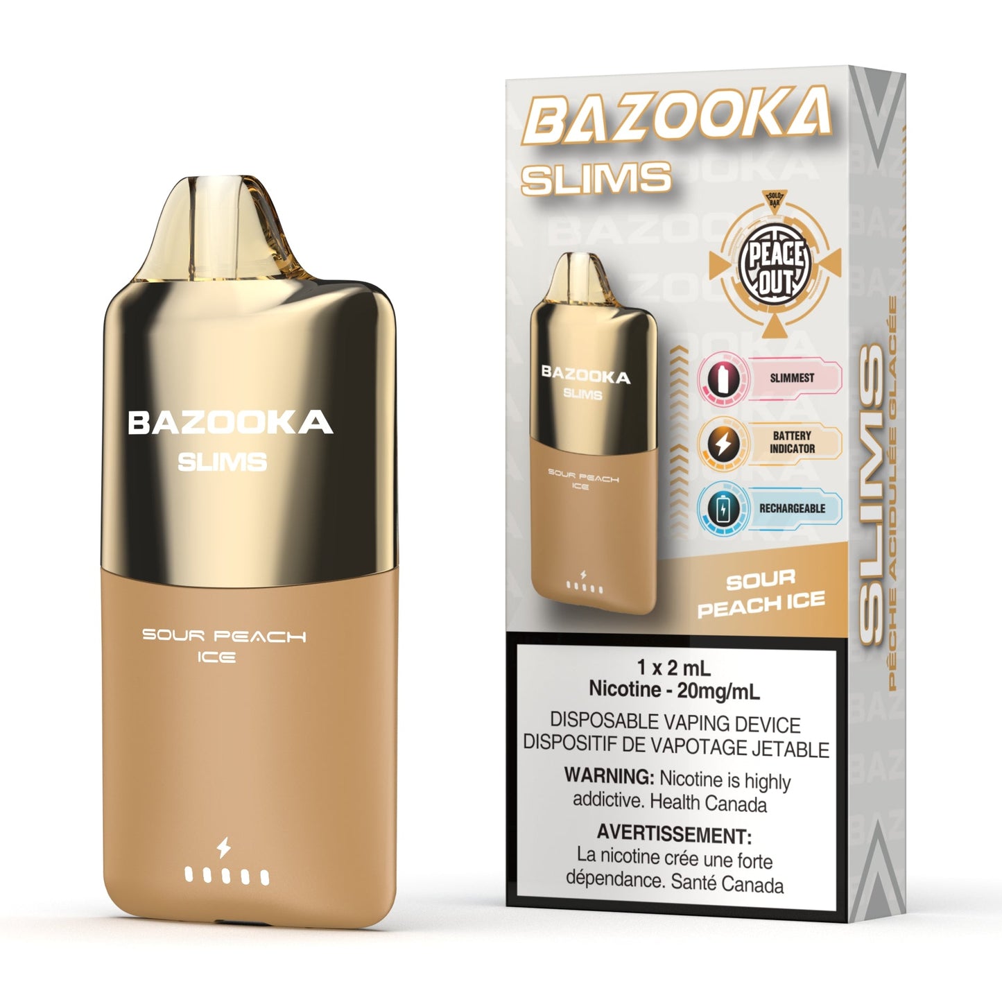 Gold Bazooka vape device with packaging on a white background