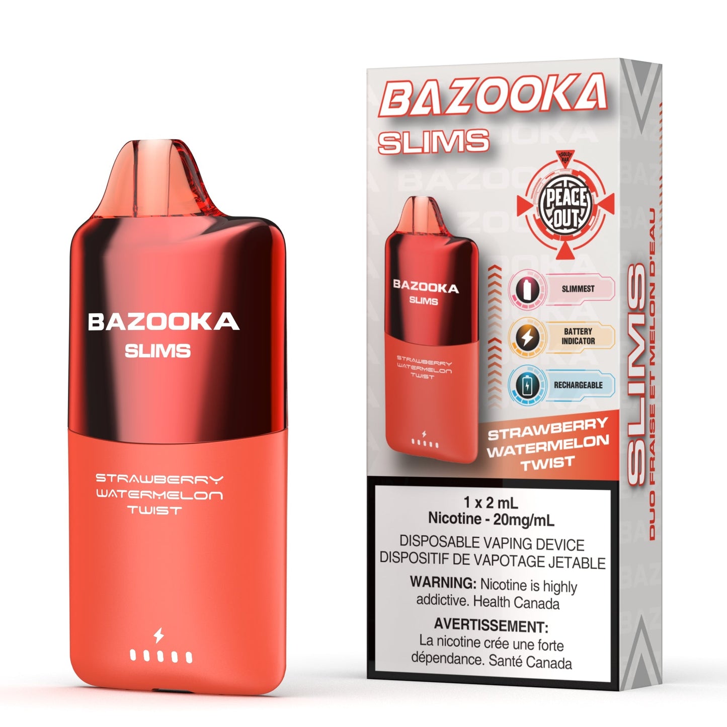 Red Bazooka Slims vape device with packaging on a white background