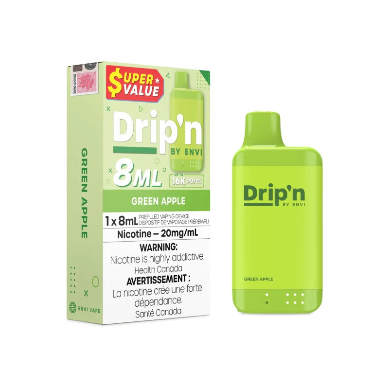 Drip'n by Envi vape device and packaging with green apple flavor on a white background