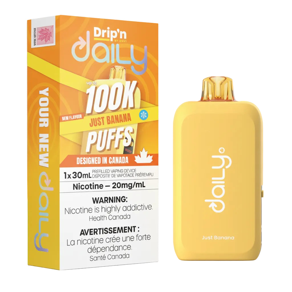 Yellow vape device and packaging with 'Drip'n daily' branding on a white background