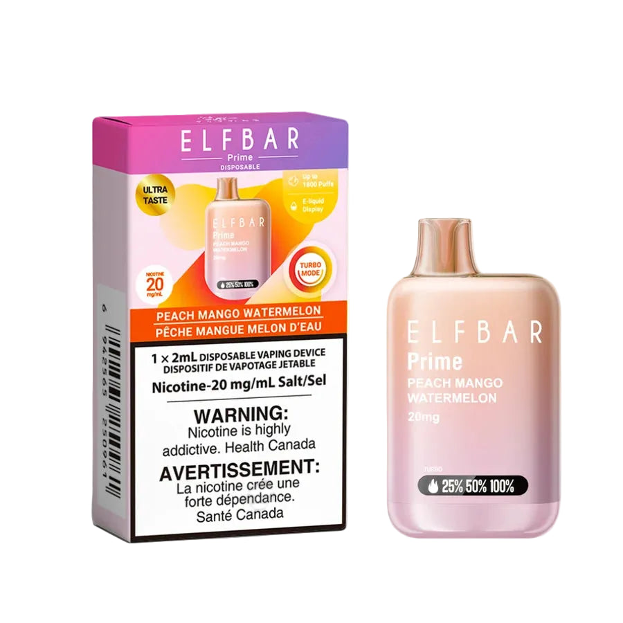 Elf Bar Prime peach mango watermelon vape device packaging and product on a white background