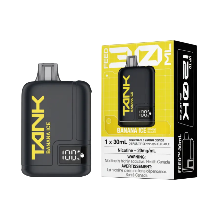 Black vape device with digital display and yellow 'TANK' branding, alongside its packaging on a white background.