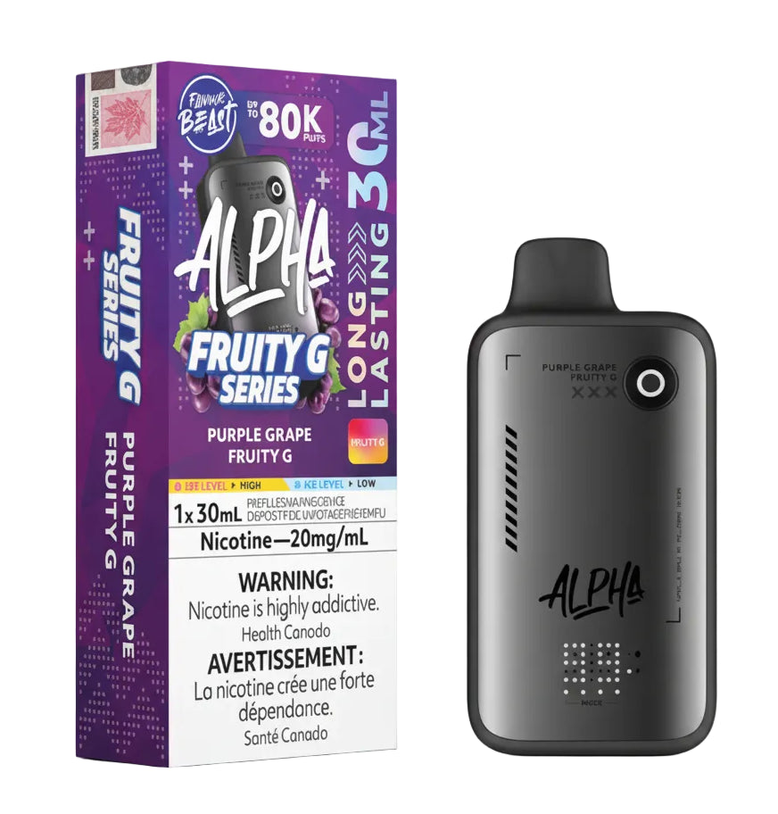 Alpha vape device and packaging with purple grape flavor on a white background