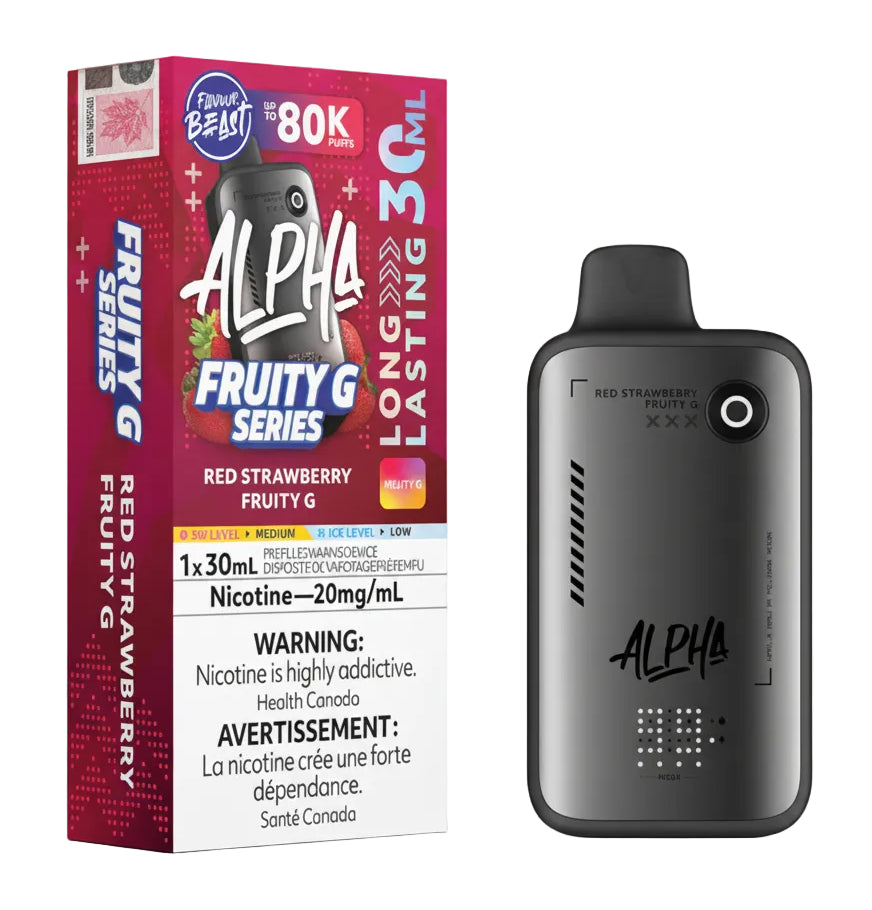 Alpha Fruity G Series vape device and packaging on a white background