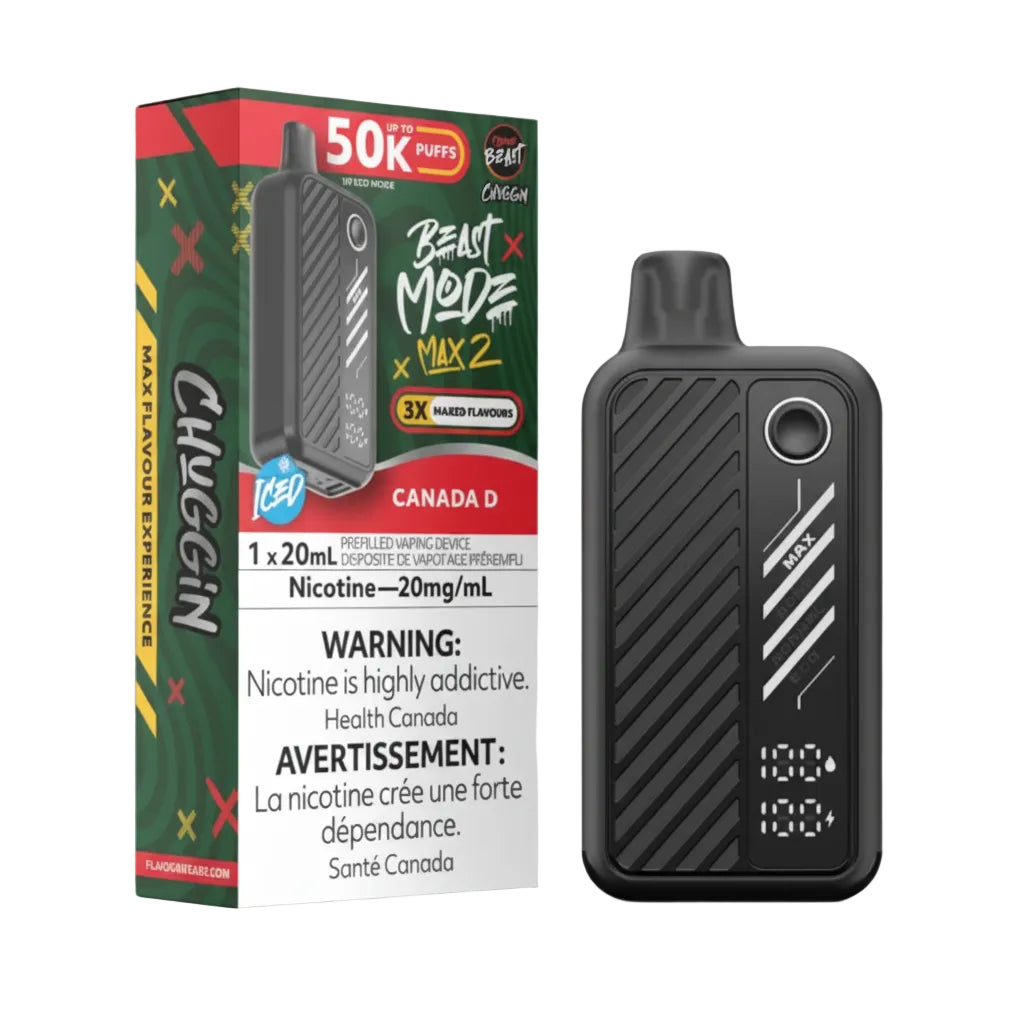 A disposable vape device in black with a textured grip and a small digital screen, shown next to its retail packaging box. The packaging features green, red, and white graphics for the 'Beast Mode x Max 2' collaboration with Ice, labeled 'Canada D'.
