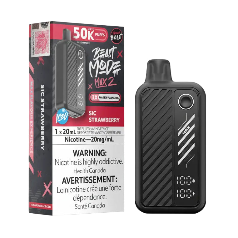 Vaping device and packaging with 'Beast Mode' Sic Strawberry branding on a white background