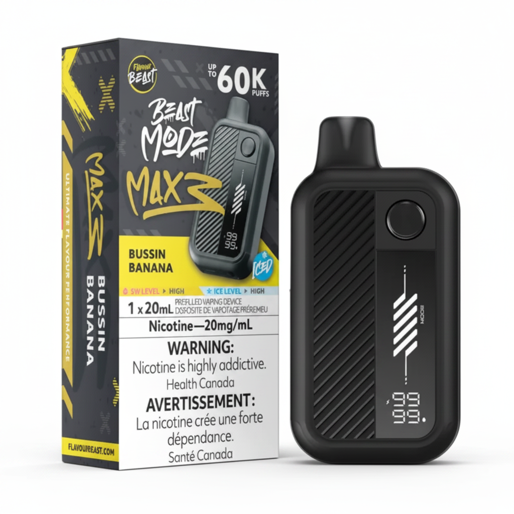 Vaping device and packaging with 'Beast Mode Max 2' branding on a white background