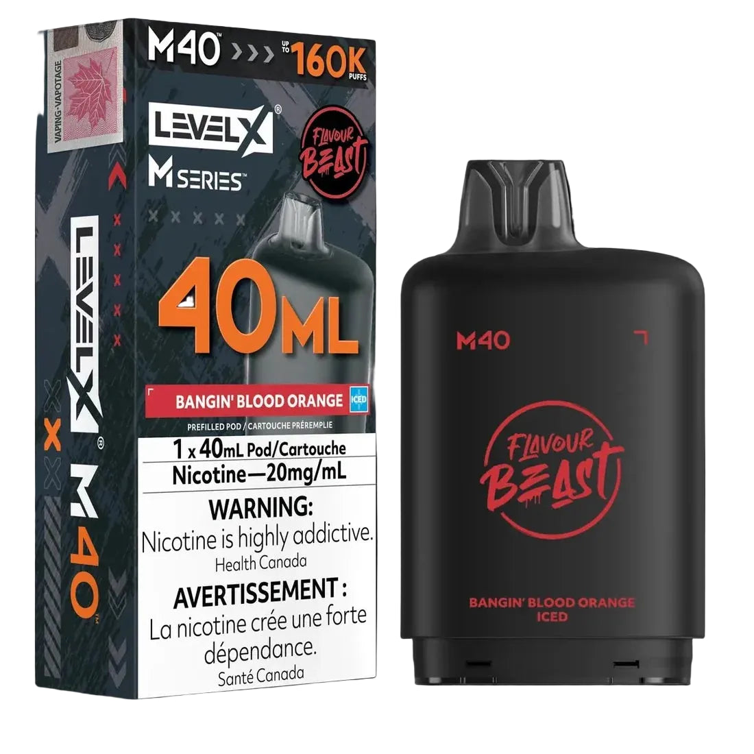 Level X M Series M40 Flavour Beast 'Bangin' Blood Orange Iced' prefilled vape pod next to its retail packaging box, shown on a white background.