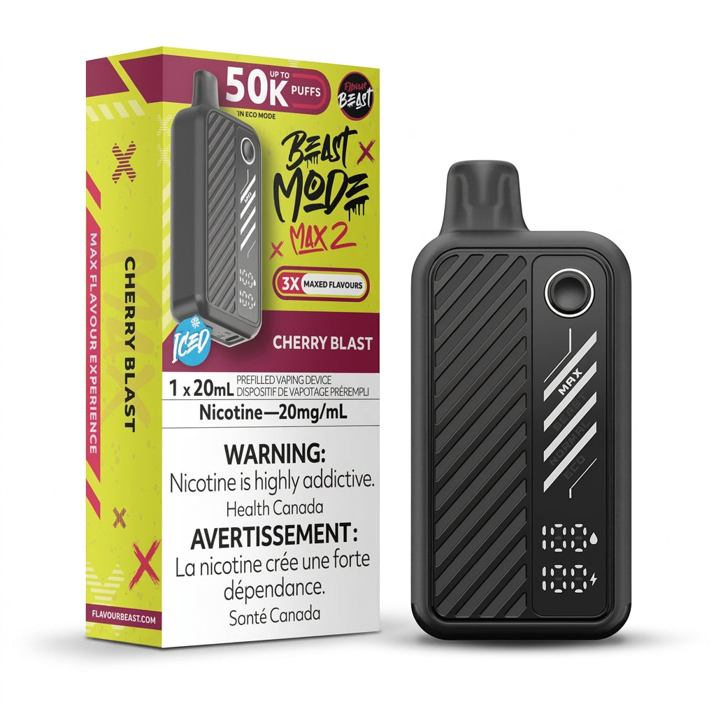 flavour beast mode max 3 Cherry Blast Vaping device and packaging with 'Beast Mode' branding on a white background