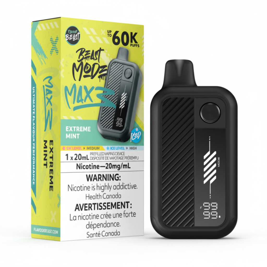 Flavour Beast Beast Mode Max 3 disposable vape device in black shown next to its yellow and green retail packaging box, featuring 'Extreme Mint' flavor.
