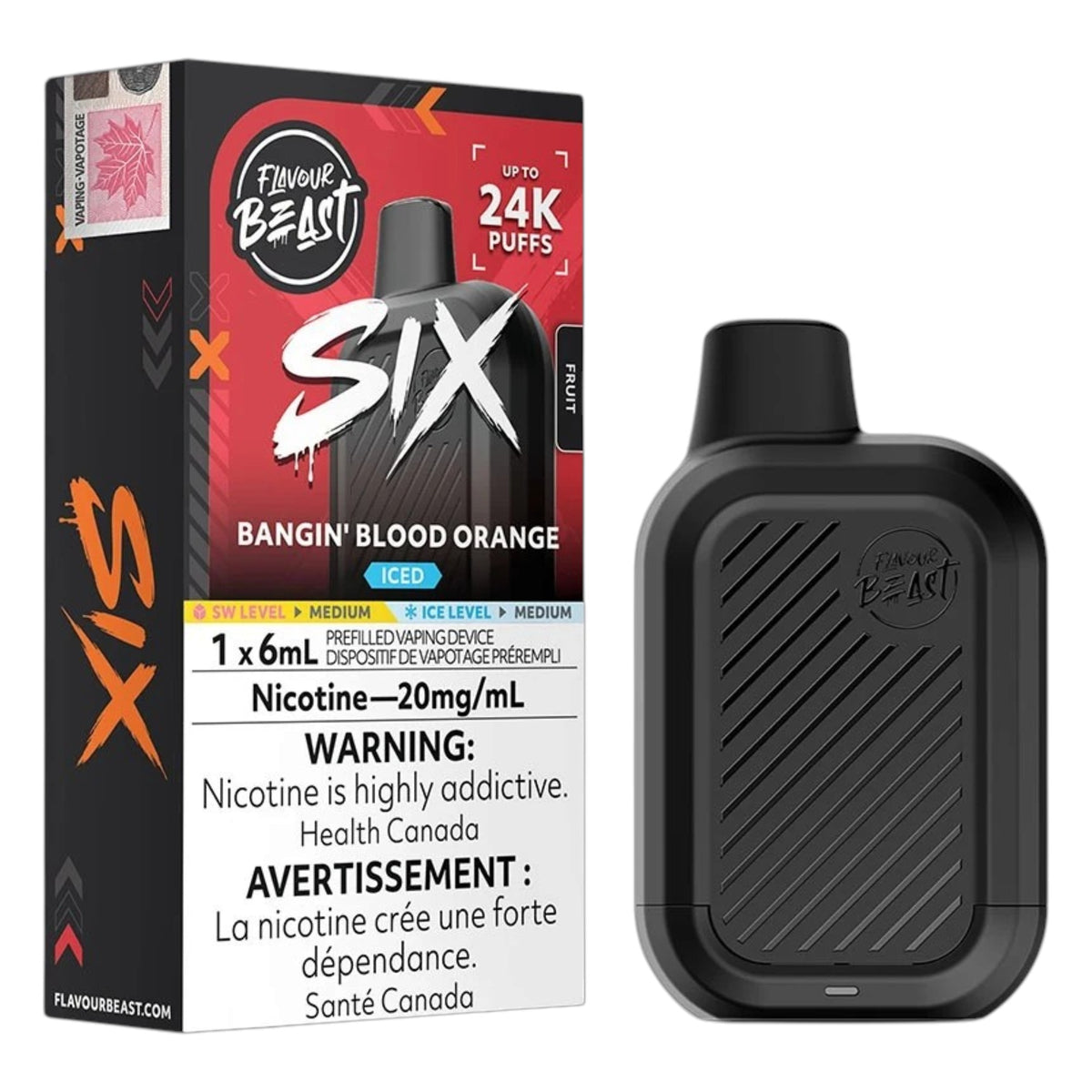 Flavour Beast SIX Bangin’ Blood Orange Iced disposable vape package beside a black Flavour Beast vape device, showing “up to 24K puffs,” 6mL prefilled device, 20mg/mL nicotine, and Health Canada warning label on the box.