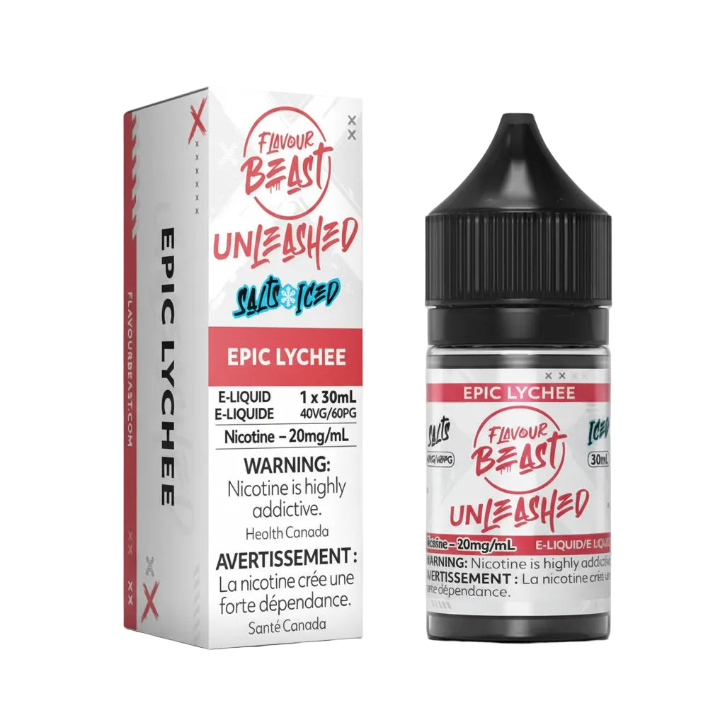 Flavour Beast Epic Lychee e-liquid bottle and packaging on a white background