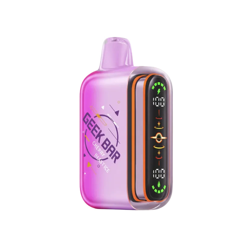 A pink and purple Geek Bar disposable vape device with a digital display screen showing battery levels, set against a plain white background.
