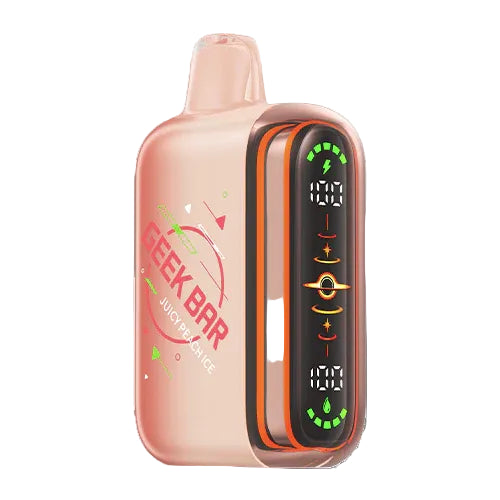 A compact disposable vape device in a translucent peach-pink color with a black and orange front display panel. The side features a graphic print reading 'GEEK BAR JUICY FRESH ICE'.