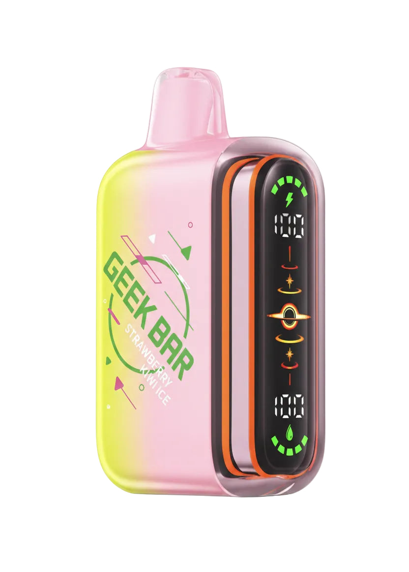 A Geek Bar disposable vape device in a pink and yellow gradient finish, featuring a black digital display screen on the side with green and orange graphics, set against a plain white background.