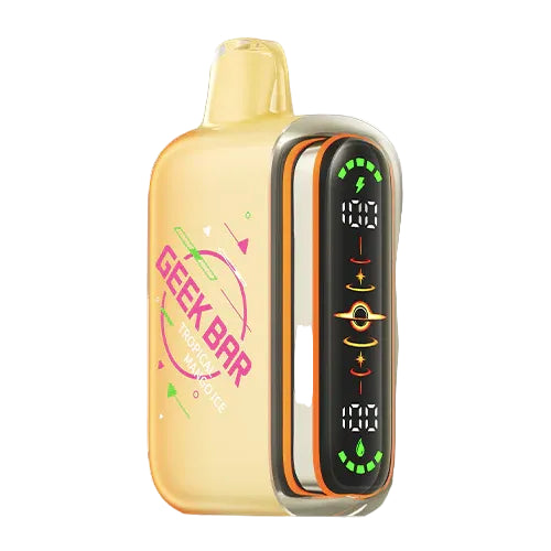 A Geek Bar Tropical Mango disposable vape device in translucent yellow with a black and orange digital display screen on the side, shown against a plain white background.