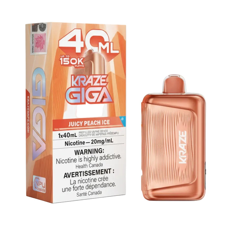 Kraze Giga 40ml disposable vape device in a metallic copper/rose gold finish, shown next to its orange and white retail packaging box on a white background.