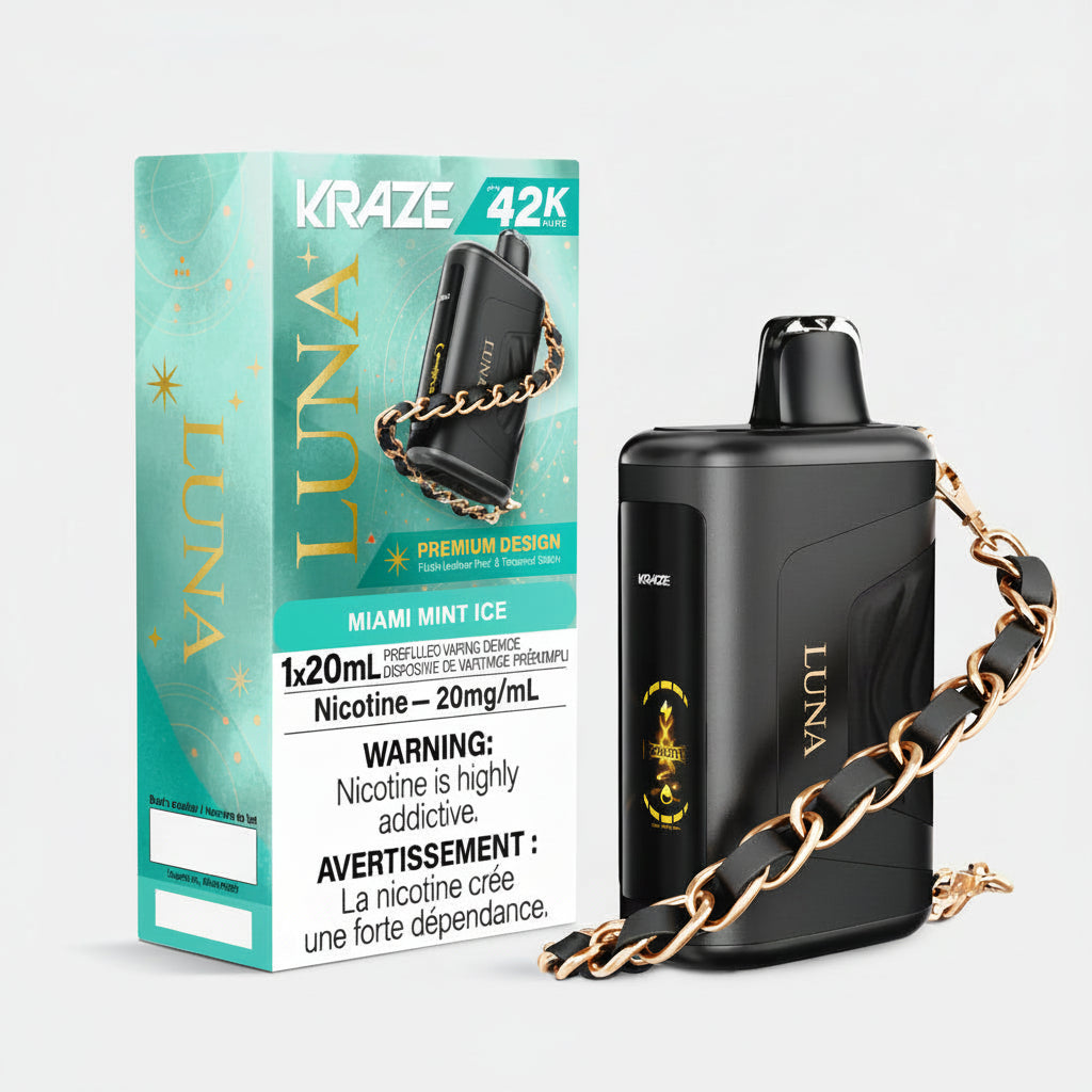 Luna vape device with chain and packaging on a white background