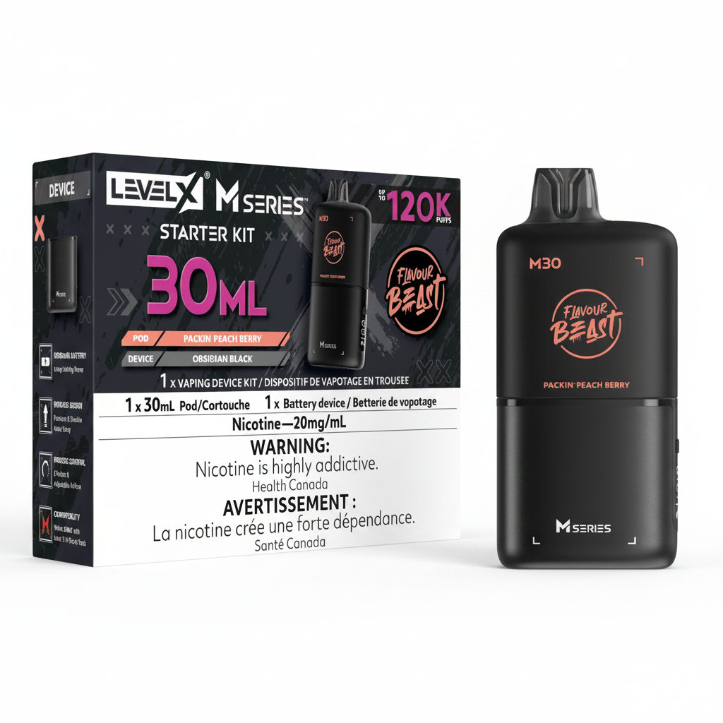 Level X M-Series 30ml Starter Kit featuring a black vape device and its retail packaging box on a solid black background. The packaging displays 'Level X M-Series', '30ML', 'Flavour Beast', and a nicotine warning.