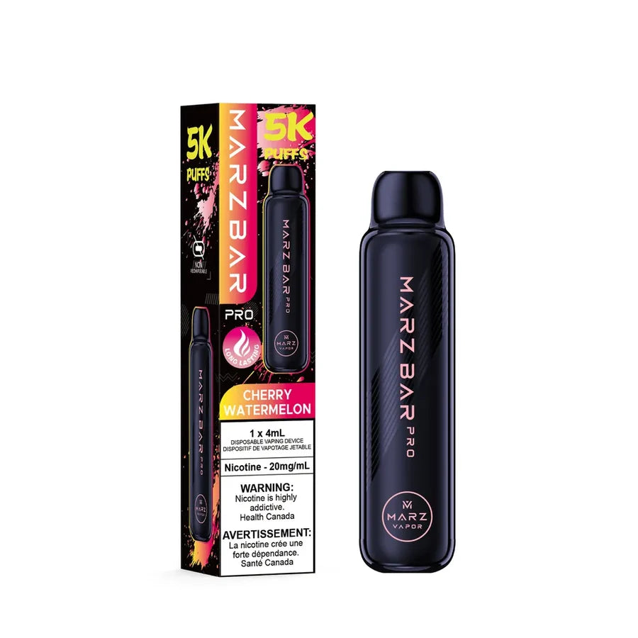 A MARZ BAR PRO disposable vape device in cherry watermelon flavor stands next to its retail packaging box on a plain white background.
