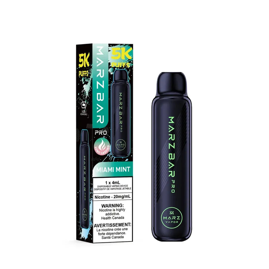 A MARZ BAR PRO disposable vape device in black with neon green lettering, shown next to its retail packaging box. The packaging is black with a prominent teal and green 'MIAMI MINT' flavor label and '5K PUFFS' text.