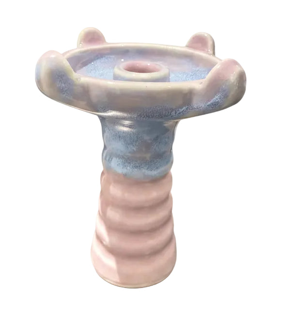 Ceramic hookah bowl with pink and blue marbled design on a white background