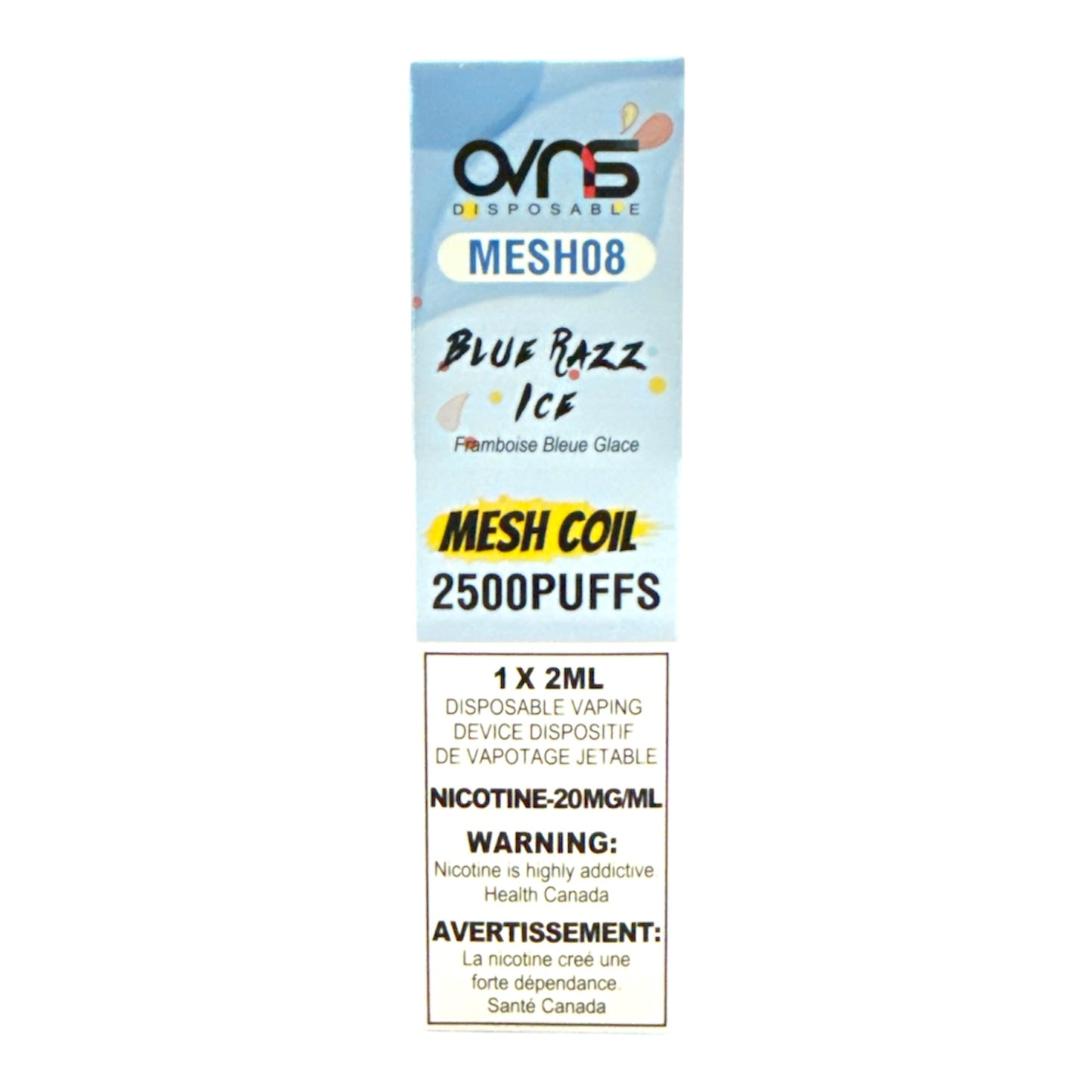 Ovns Mesh Coil vape device packaging with blue and white design on a white background
