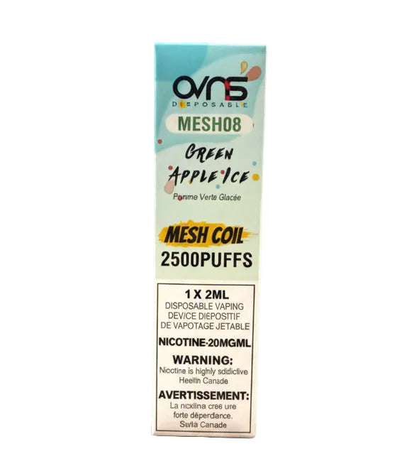 A single boxed vape product standing upright on a white background. The package is mostly white with a light blue upper section and black text, including the brand name 'ovns' and product name 'Mesh8 Green Apple Ice'.