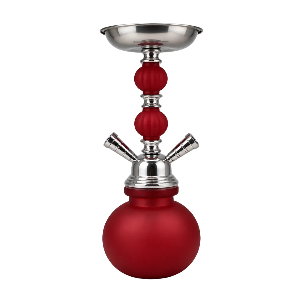 A modern hookah set featuring a matte deep red glass bowl and matching red glass neck with metallic silver accents, a silver metal tray, and two silver mouthpieces, shown on a white background.
