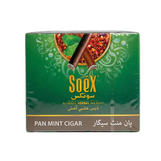 A green box of Soéx Pan Mint Cigar, featuring a graphic of two cigars and a circular emblem of herbs and spices, with a brown band at the bottom containing the text 'PAN MINT CIGAR' in English and Arabic.