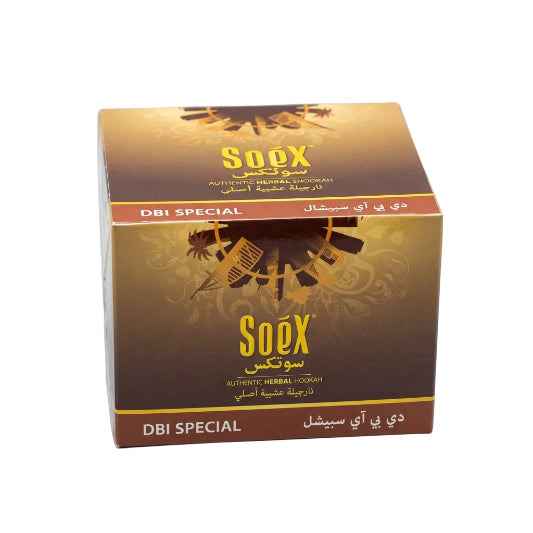 A square product box for Soex DBI Special, featuring a metallic gold and brown design with a central gear graphic and yellow branding, set against a plain white background.