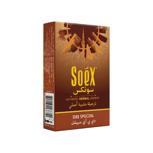 A rectangular product box for SoeX Herbal Hookah, featuring a brown and gold design with the brand name 'SoeX' in yellow and 'DBI SPECIAL' printed at the bottom, shown on a plain white background.