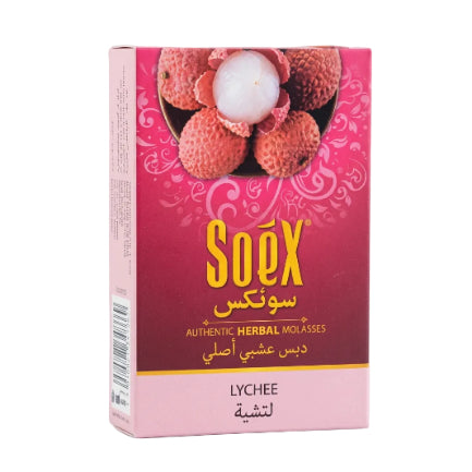 A pink and red box of Soex Lychee herbal hair growth shampoo, featuring a graphic of lychees on the top half and gold and white text on a pink background.