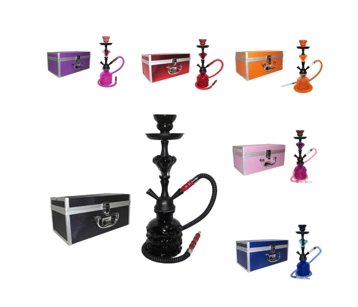 A composite catalog image for Tanya hookahs, featuring the brand logo at the top and multiple product color options with their matching cases below. The main featured product in the center is a black hookah with a black case, while smaller thumbnails show other available color combinations including red, orange, pink, blue, and purple.