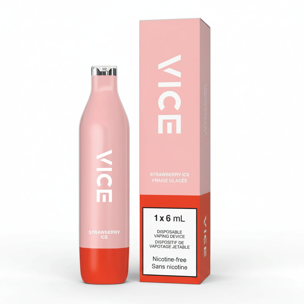 A pink VICE disposable vaping device with a red base next to its pink and orange packaging box, labeled Strawberry Ice, on a clean white background.