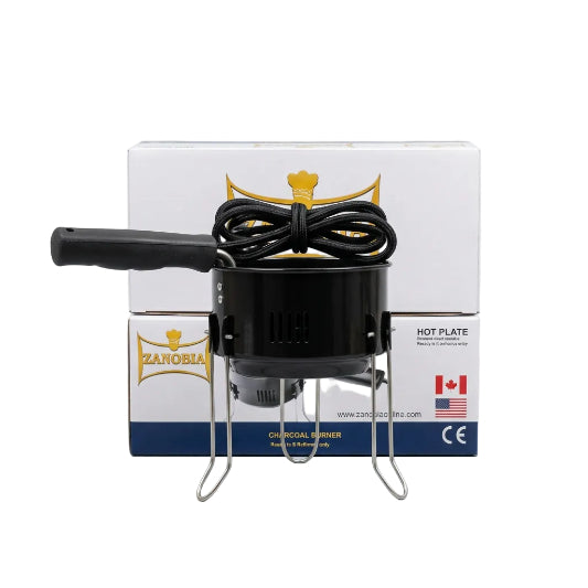Zanobia charcoal burner with packaging on a white background
