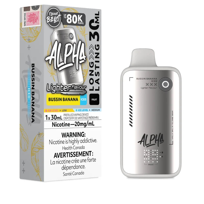 Alpha 80K prefilled vape pen and its retail packaging box in Bussin Banana flavor, displayed on a clean white background.