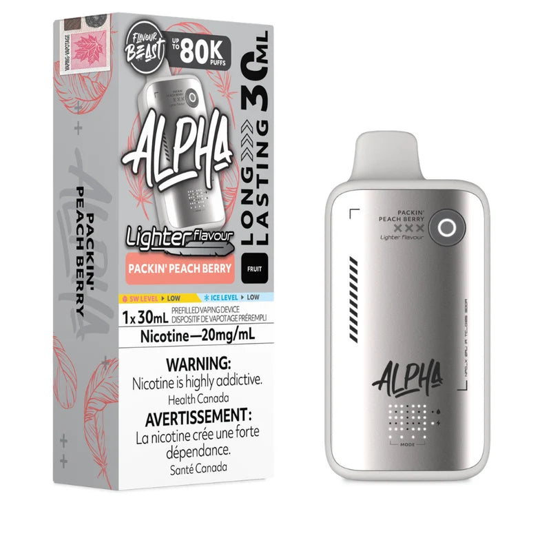 Alpha Packin Peach Berry prefilled disposable vape device next to its retail packaging box, featuring a metallic silver body with black details and red leaf accents.