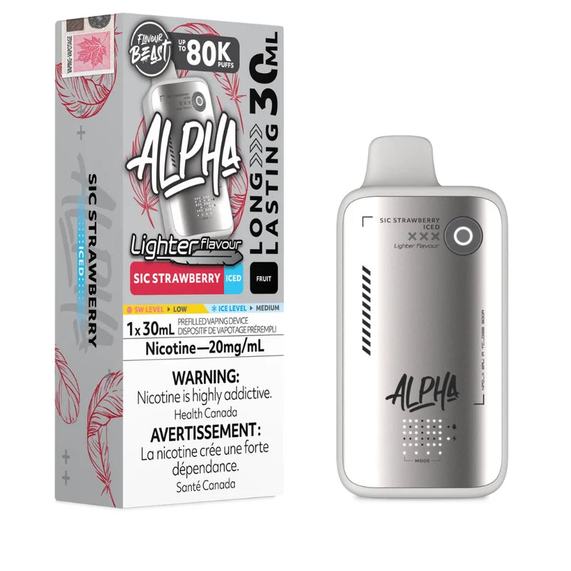 Alpha Sic Strawberry prefilled disposable vape device next to its retail packaging box, featuring a metallic silver body with black details and red leaf accents.