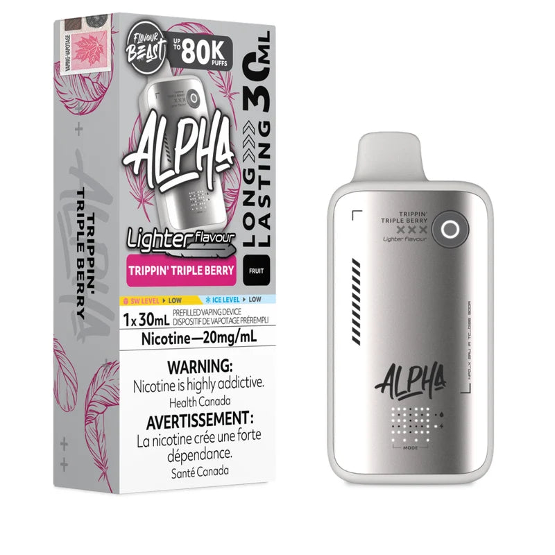 Alpha Trippin Triple Berry prefilled disposable vape device next to its retail packaging box, featuring a metallic silver body with black details and red leaf accents.