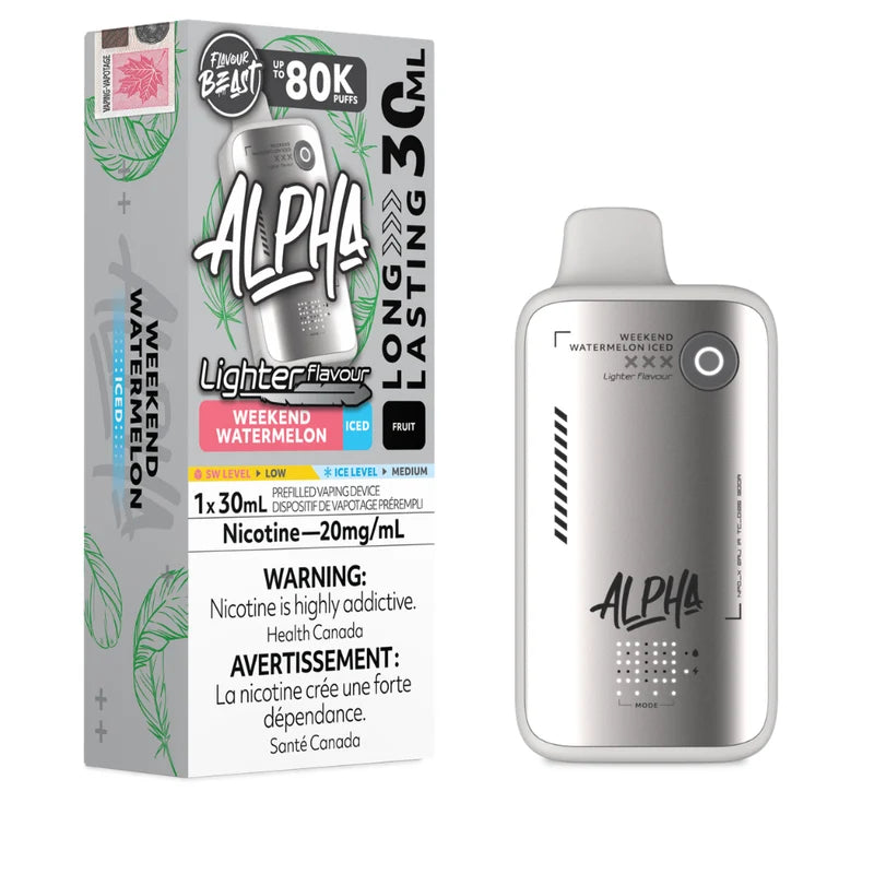 A disposable vape device and its retail packaging box from the brand Flavour Beast, featuring the flavor Weekend Watermelon. The device is metallic silver with a white mouthpiece, and the box is white with green leaf patterns and black text.