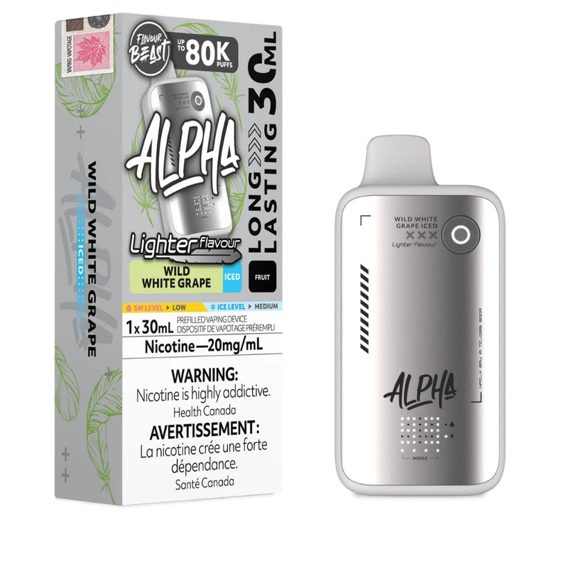 Alpha Lighter Flavour Wild White Grape disposable vape device shown next to its retail packaging box on a plain white background.
