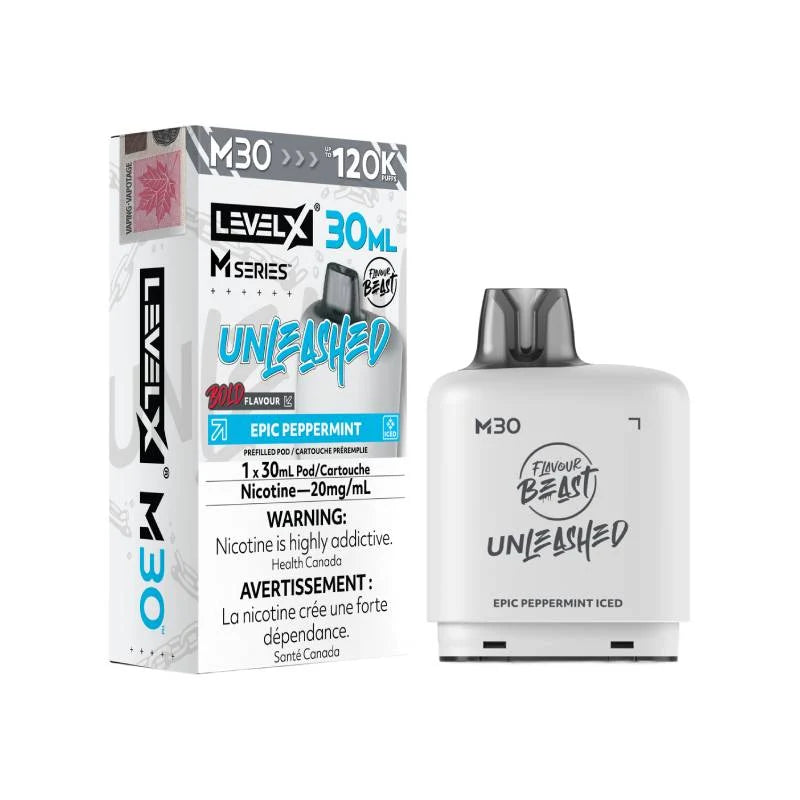 Level X M30 disposable vape device next to its retail packaging box, featuring the 'Unleashed' flavor in a clean white studio setting.