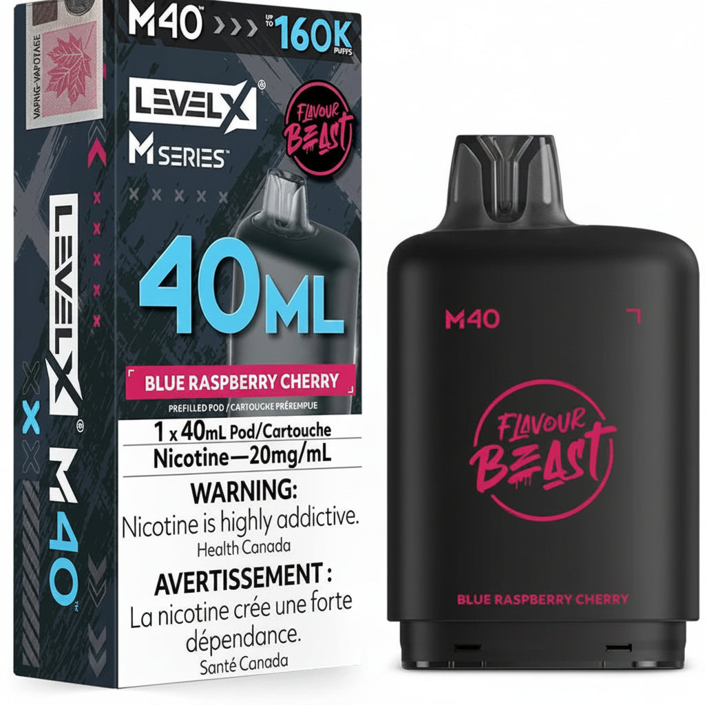 Level X M-Series M40 40ml prefilled vape pod in Blue Raspberry Cherry flavor, shown next to its retail packaging box. The pod is matte black with pink branding, and the box is dark gray with blue and pink text.
