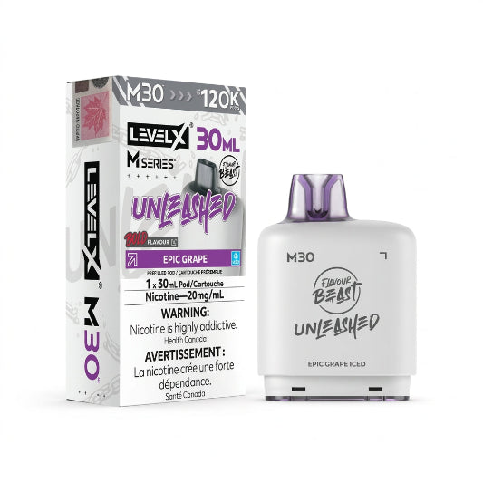 Level X M30 disposable vape device and its retail packaging box in Epic Grape flavor, displayed on a clean white background.