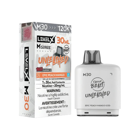 Level X M30 disposable vape device next to its retail packaging box, featuring the 'Unleashed' flavor in Epic Peach Mango Ice, on a plain white background.