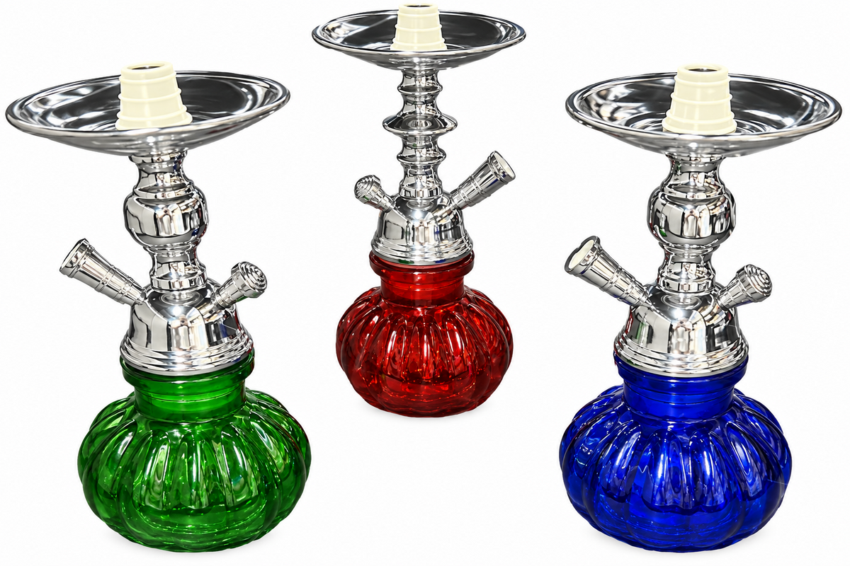 Three hookahs with silver metal stems and bowls, featuring green, red, and blue faceted glass bases on a white background.