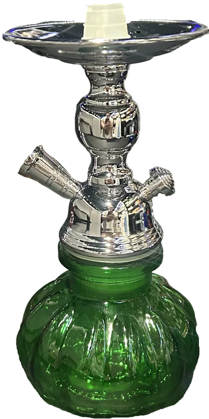 A green glass hookah with a shiny silver metal stem and bowl, isolated on a white background.